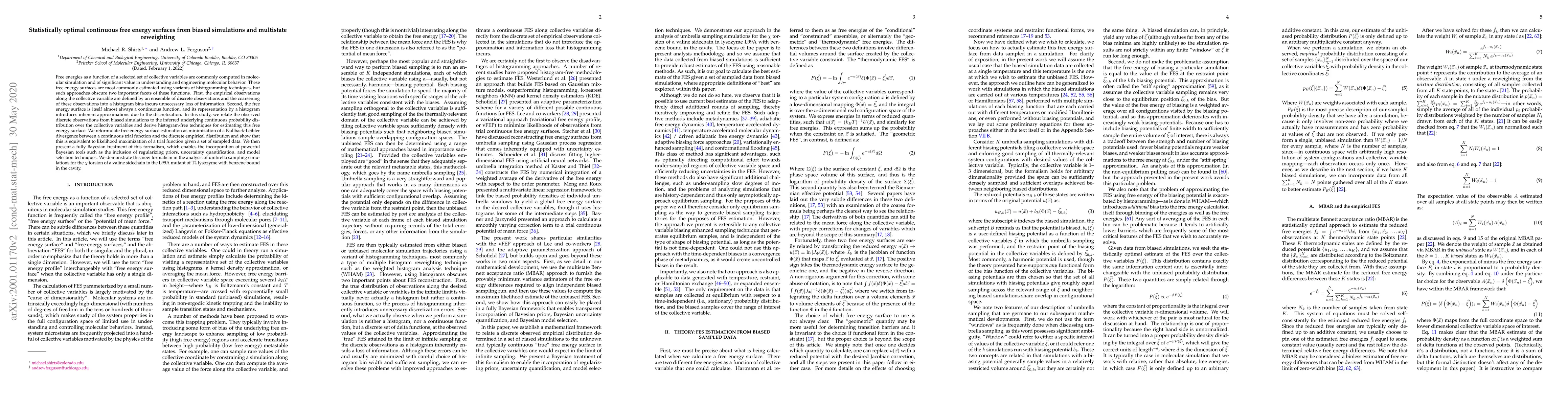 Thumbnail for Statistically optimal continuous free energy surfaces from biased
  simulations and multistate reweighting