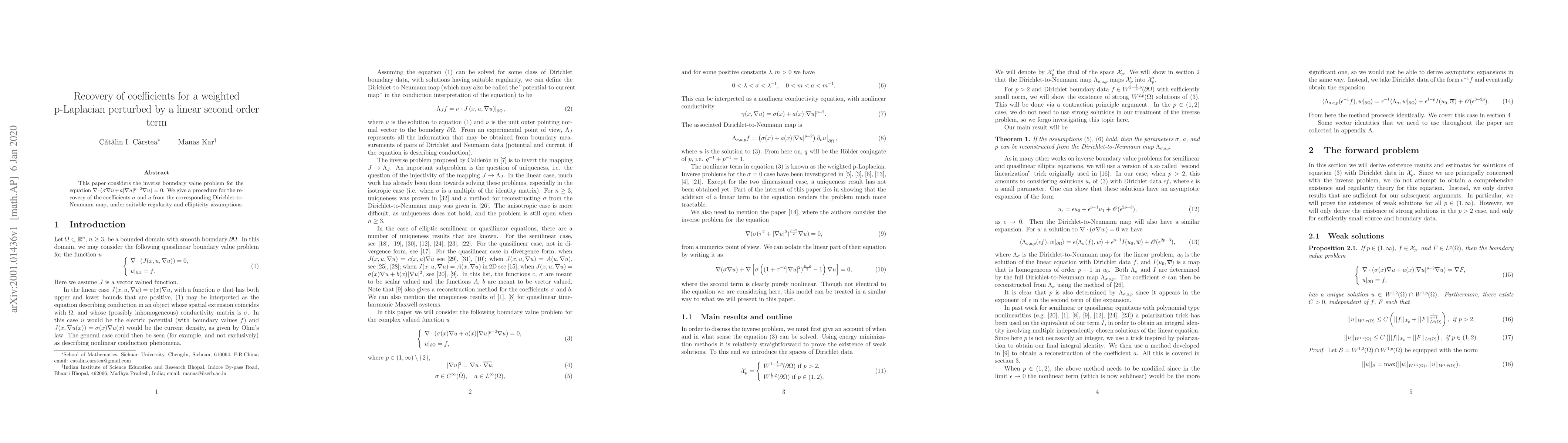 Thumbnail for Recovery of coefficients for a weighted p-Laplacian perturbed by a
  linear second order term