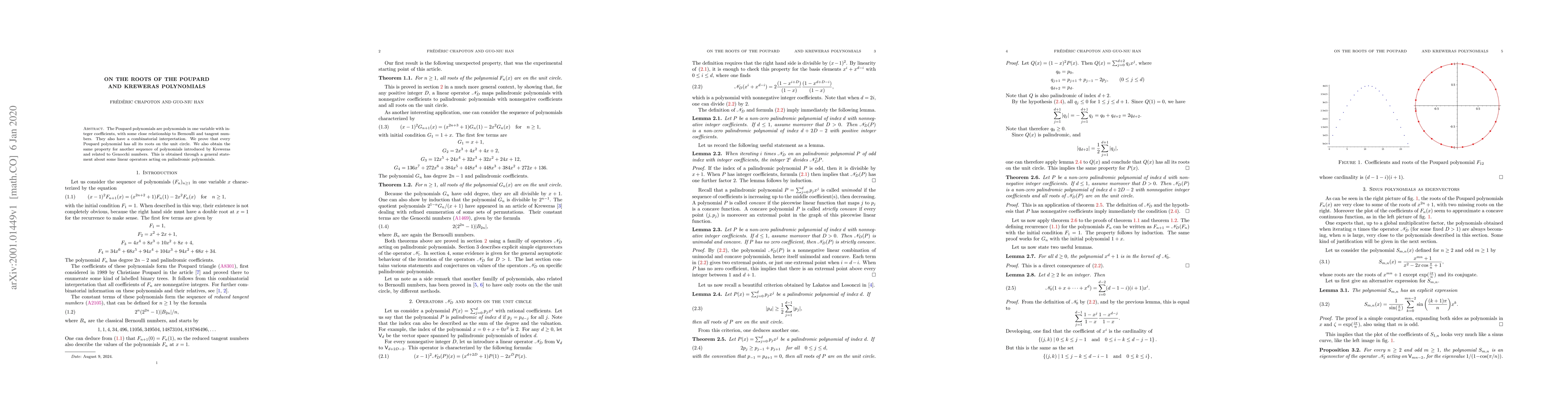 Thumbnail for On the roots of the Poupard and Kreweras polynomials