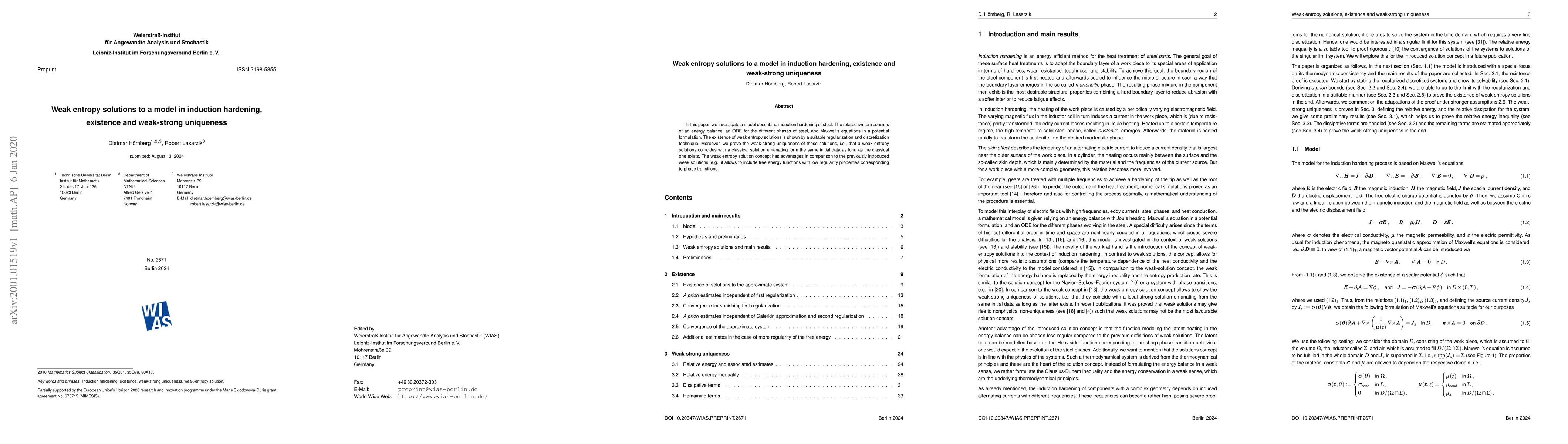 Thumbnail for Weak entropy solutions to a model in induction hardening, existence and
  weak-strong uniqueness