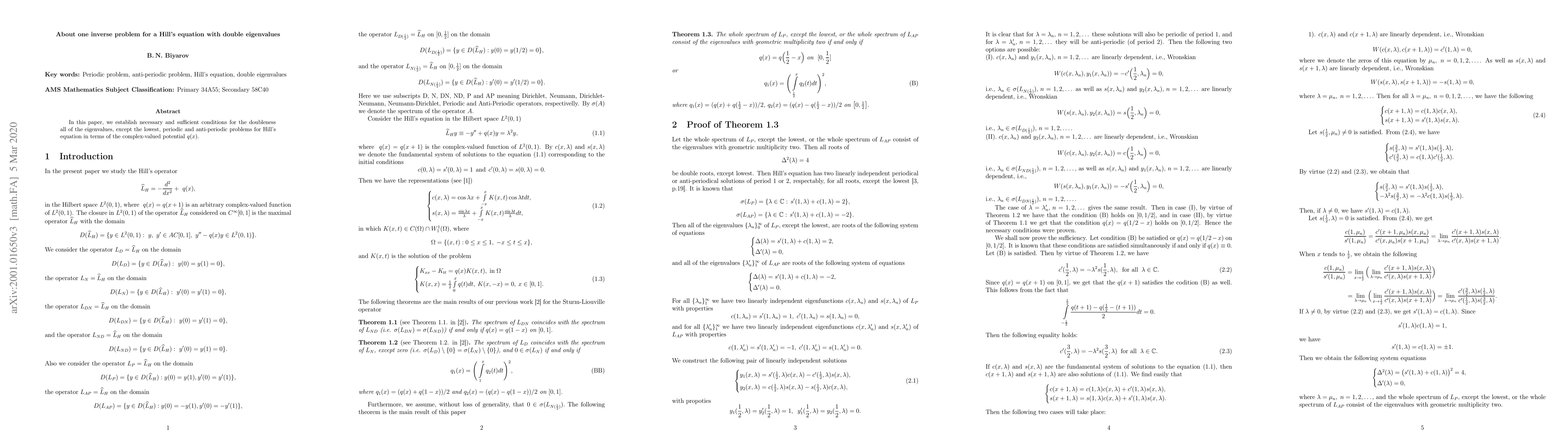 Thumbnail for About one inverse problem for a Hill's equation with double eigenvalues