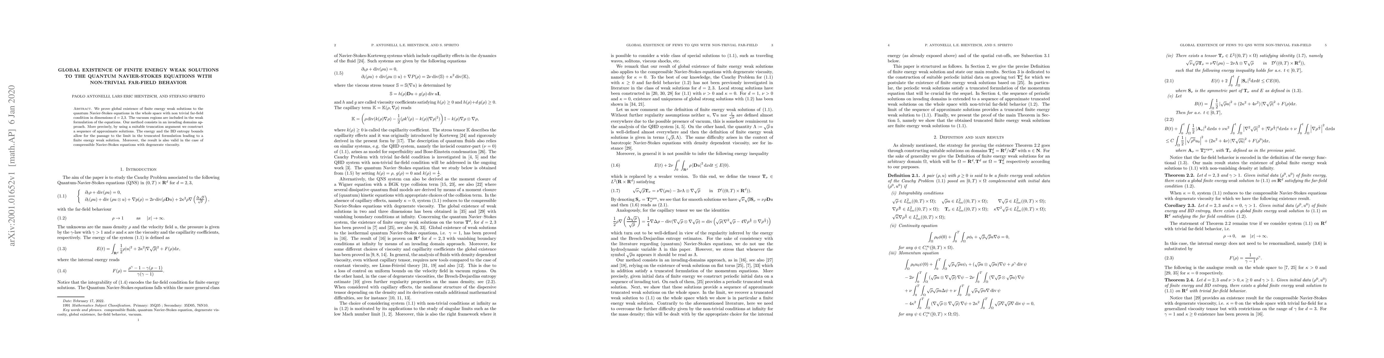 Thumbnail for Global existence of finite energy weak solutions to the Quantum
  Navier-Stokes equations with non-trivial far-field behavior