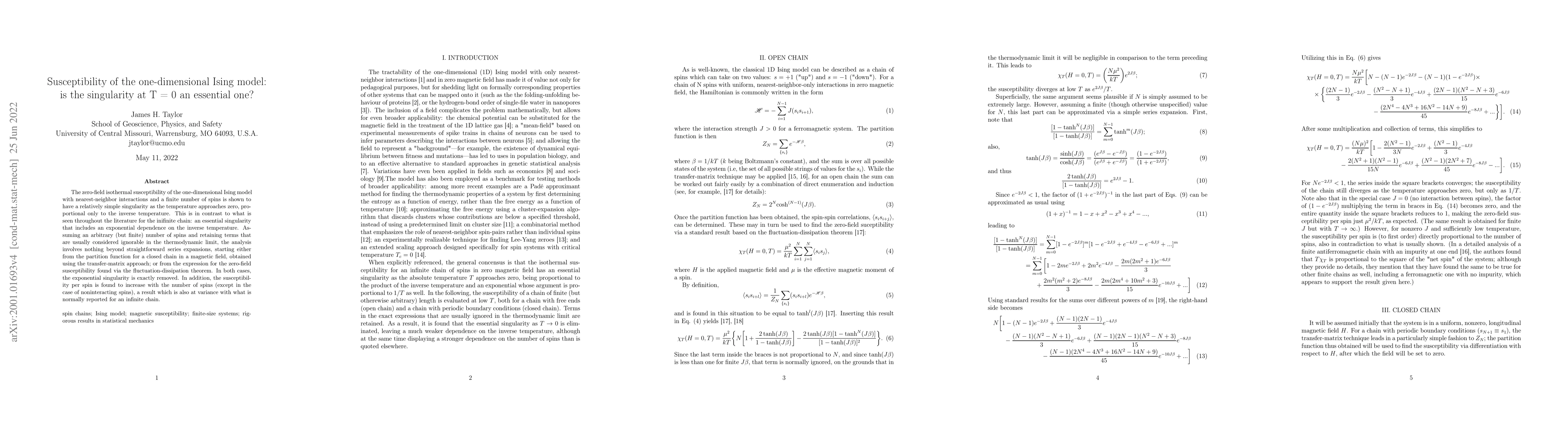 Thumbnail for Susceptibility of the one-dimensional Ising model: is the singularity at
  T = 0 an essential one?