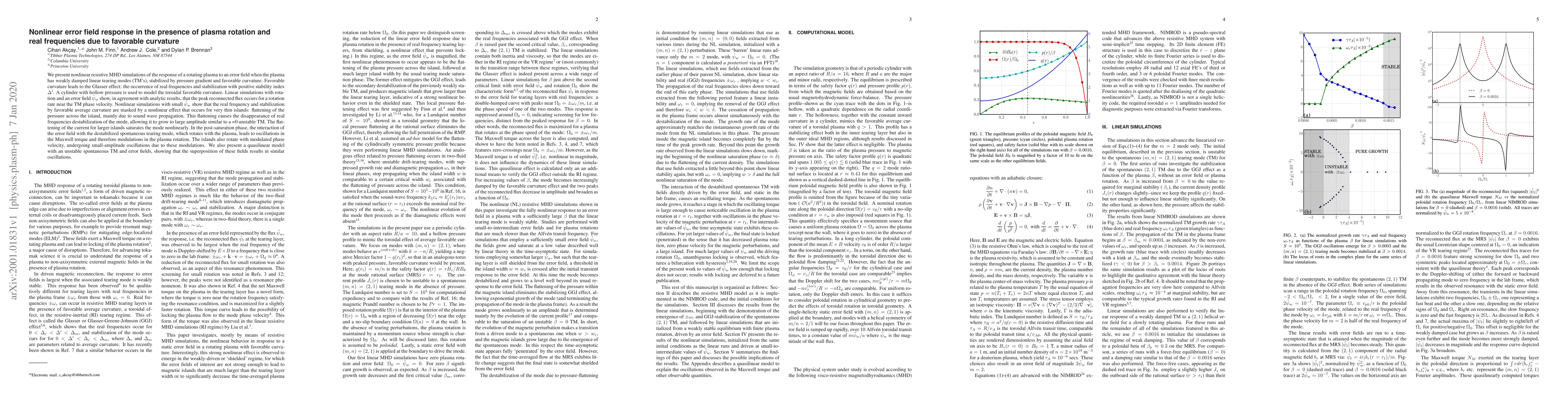 Thumbnail for Nonlinear error field response in the presence of plasma rotation and
  real frequencies due to favorable curvature