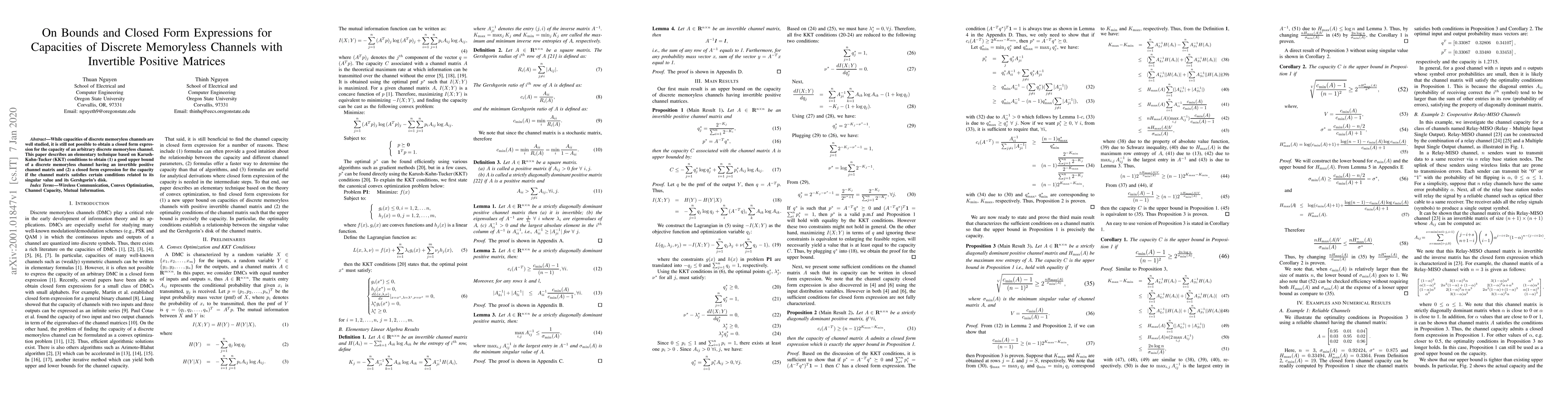 Thumbnail for On Bounds and Closed Form Expressions for Capacities of Discrete
  Memoryless Channels with Invertible Positive Matrices
