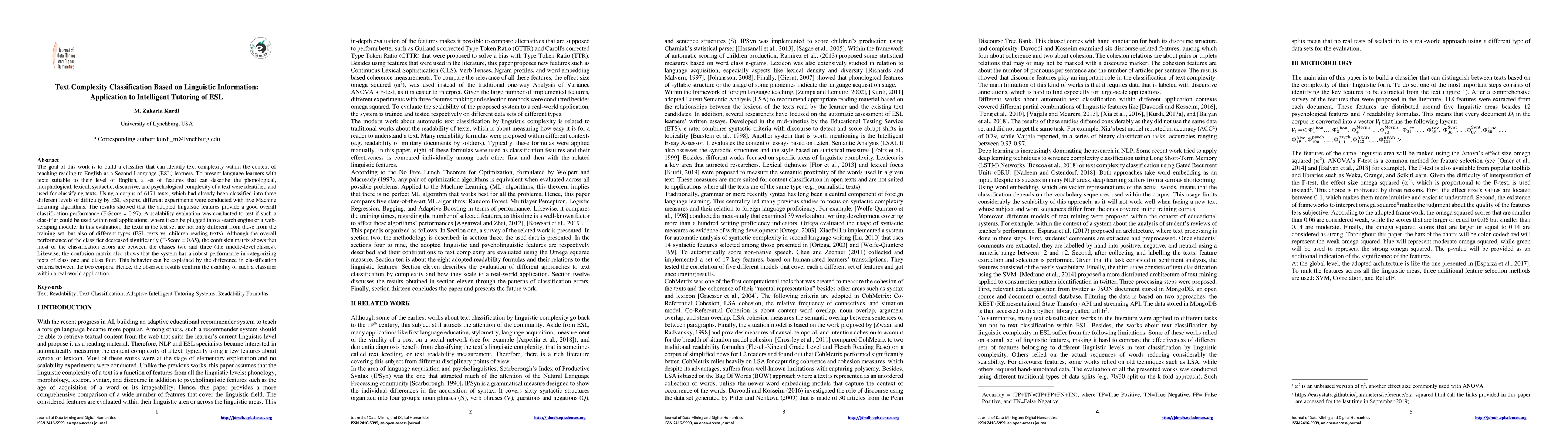 Thumbnail for Text Complexity Classification Based on Linguistic Information:
  Application to Intelligent Tutoring of ESL