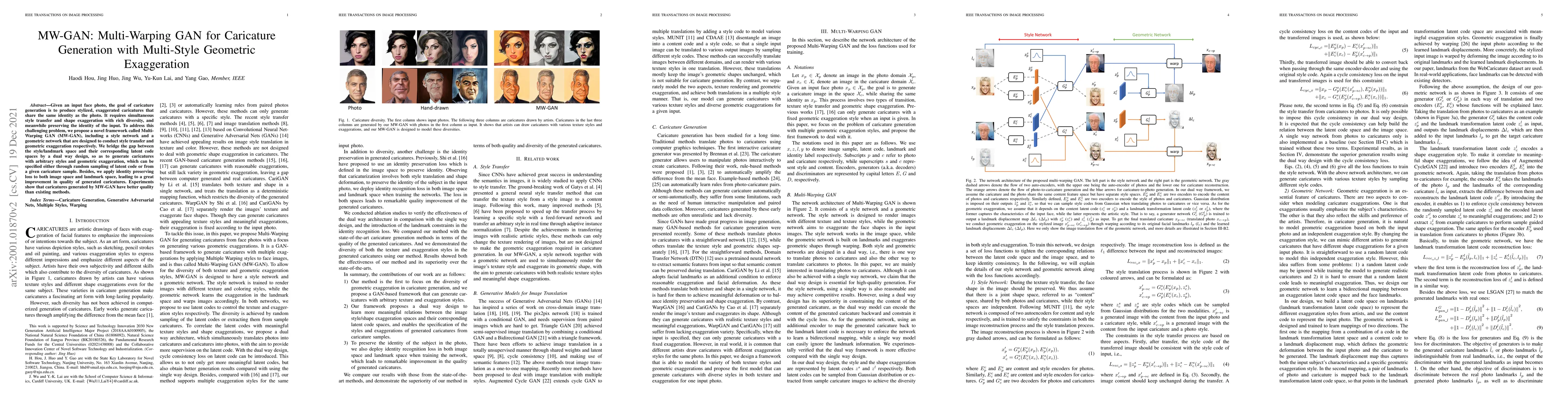 Thumbnail for MW-GAN: Multi-Warping GAN for Caricature Generation with Multi-Style
  Geometric Exaggeration