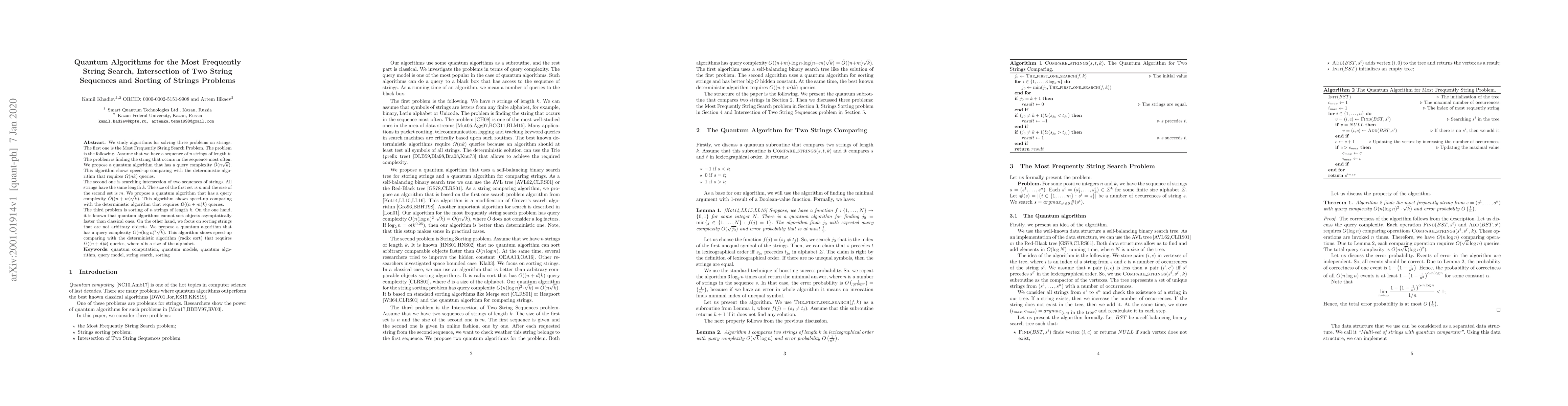 Thumbnail for Quantum Algorithms for the Most Frequently String Search, Intersection
  of Two String Sequences and Sorting of Strings Problems