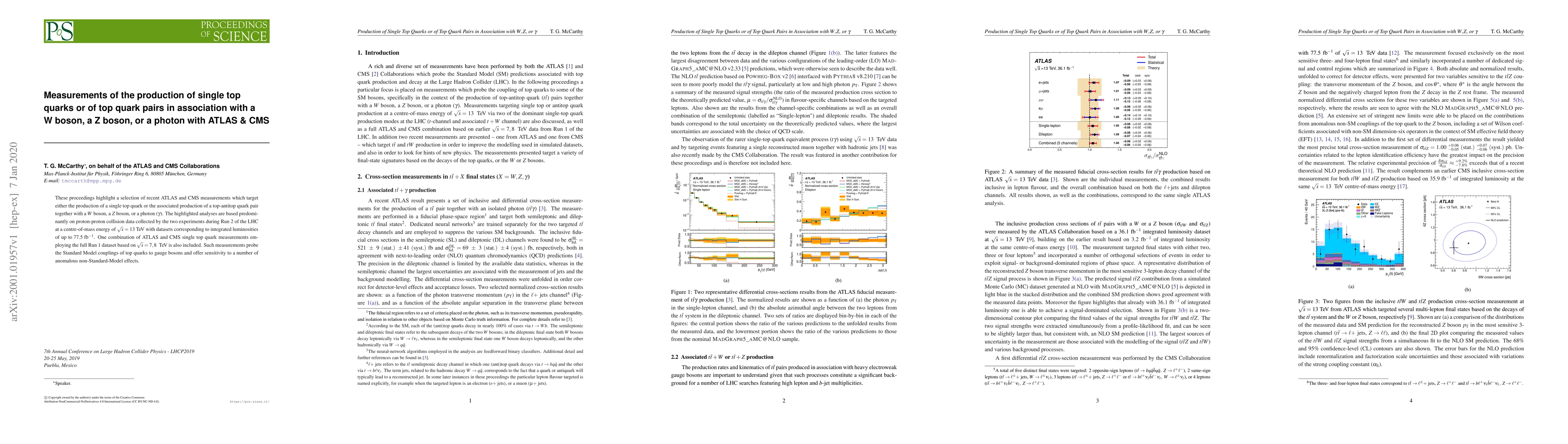 Thumbnail for Measurements of the production of single top quarks or of top quark
  pairs in association with a W boson, a Z boson, or a photon with ATLAS $\&$
  CMS