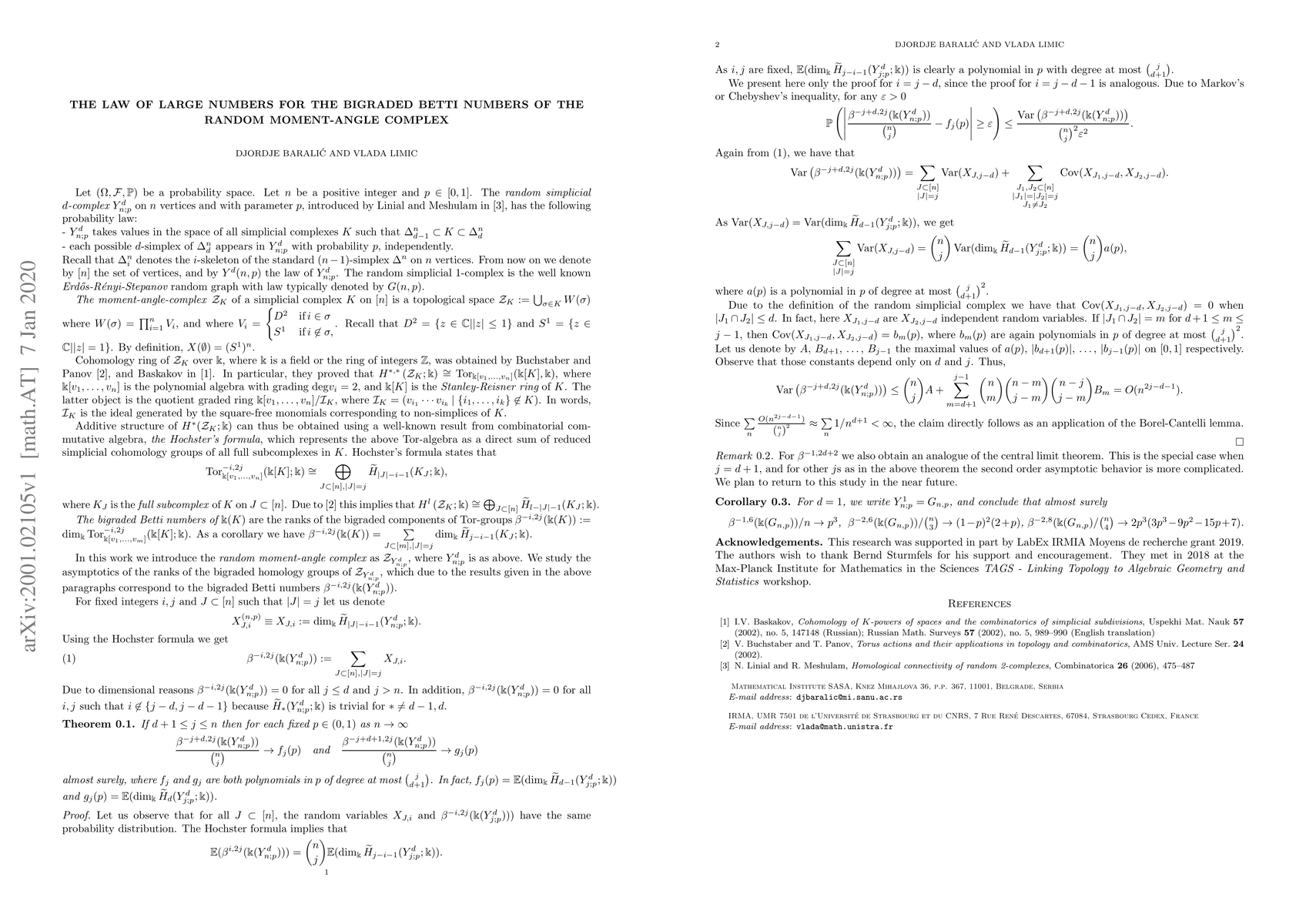 Thumbnail for The Law of Large Numbers for the bigraded Betti numbers of the random
  moment-angle complex