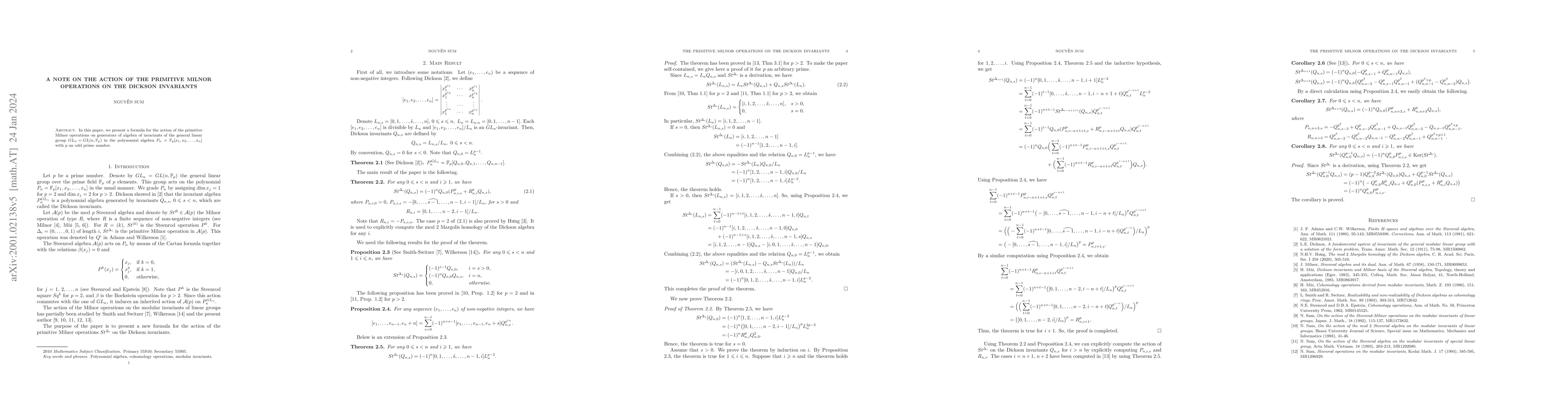Thumbnail for A note on the action of the primitive Milnor operations on the Dickson
  invariants