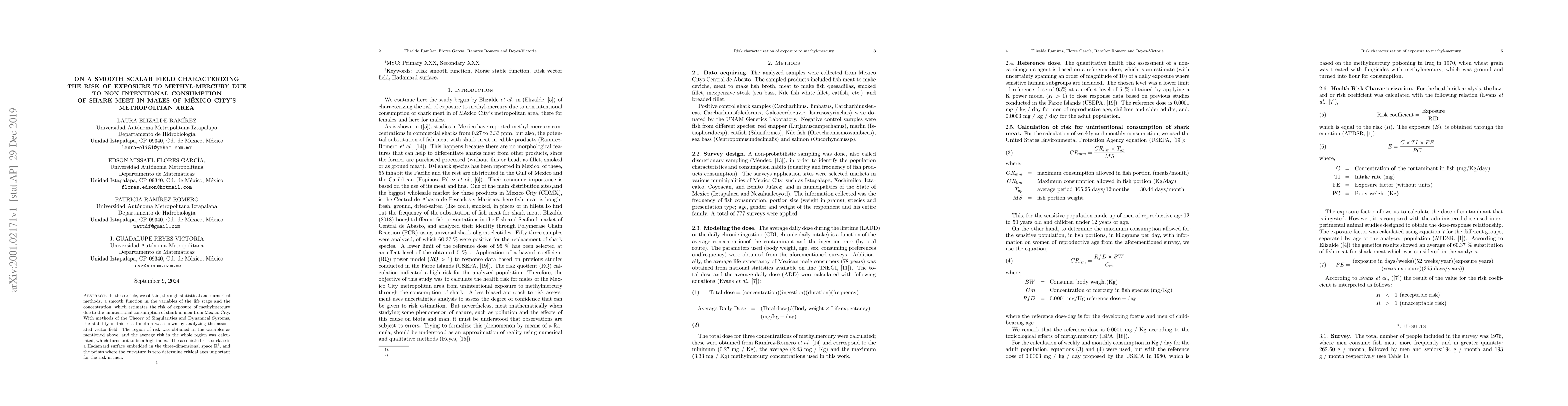 Thumbnail for On a smooth scalar field characterizing the risk of exposure to
  methyl-mercury due to non intentional consumption of shark meet in males of
  M\'exico city's metropolitan area
