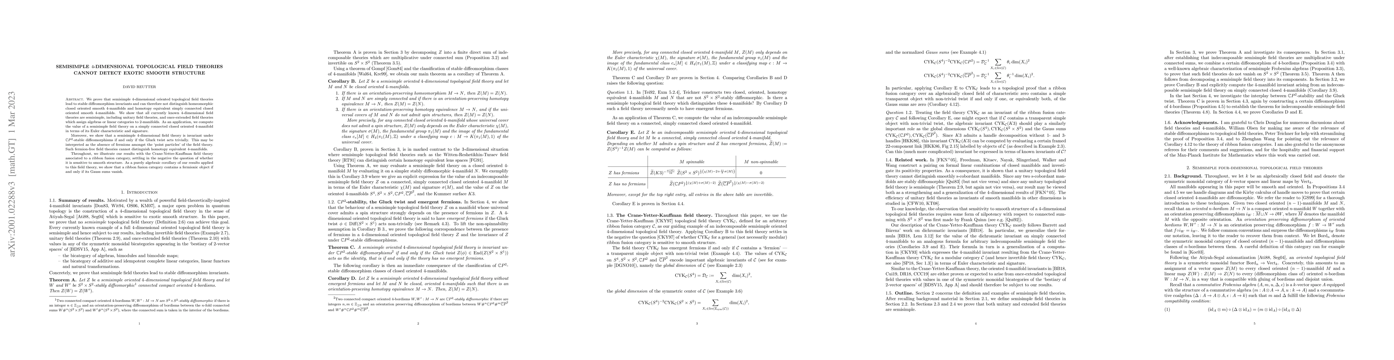 Thumbnail for Semisimple 4-dimensional topological field theories cannot detect exotic
  smooth structure
