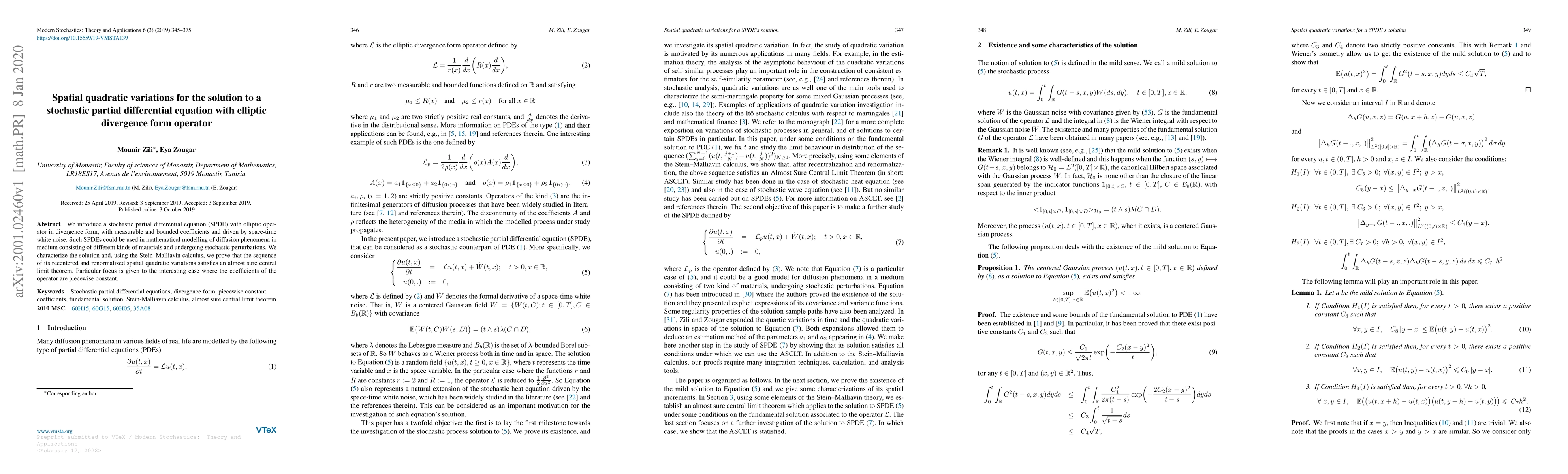 Thumbnail for Spatial quadratic variations for the solution to a stochastic partial
  differential equation with elliptic divergence form operator