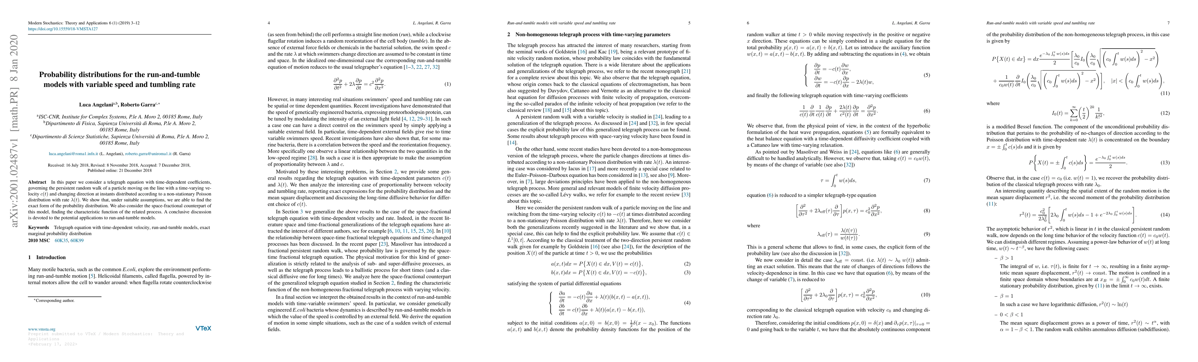 Thumbnail for Probability distributions for the run-and-tumble models with variable
  speed and tumbling rate