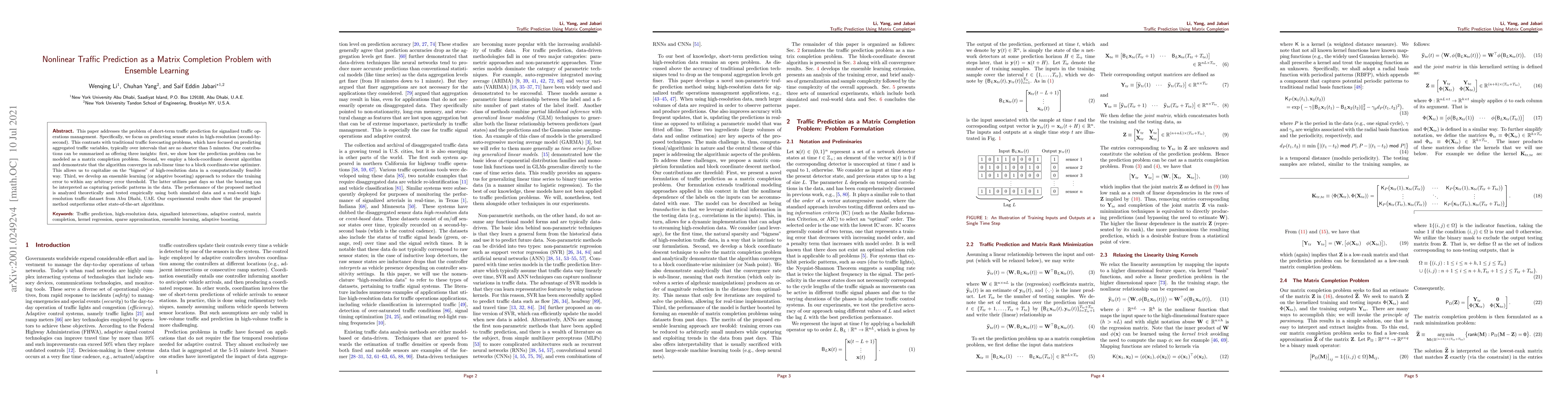 Thumbnail for Nonlinear Traffic Prediction as a Matrix Completion Problem with
  Ensemble Learning