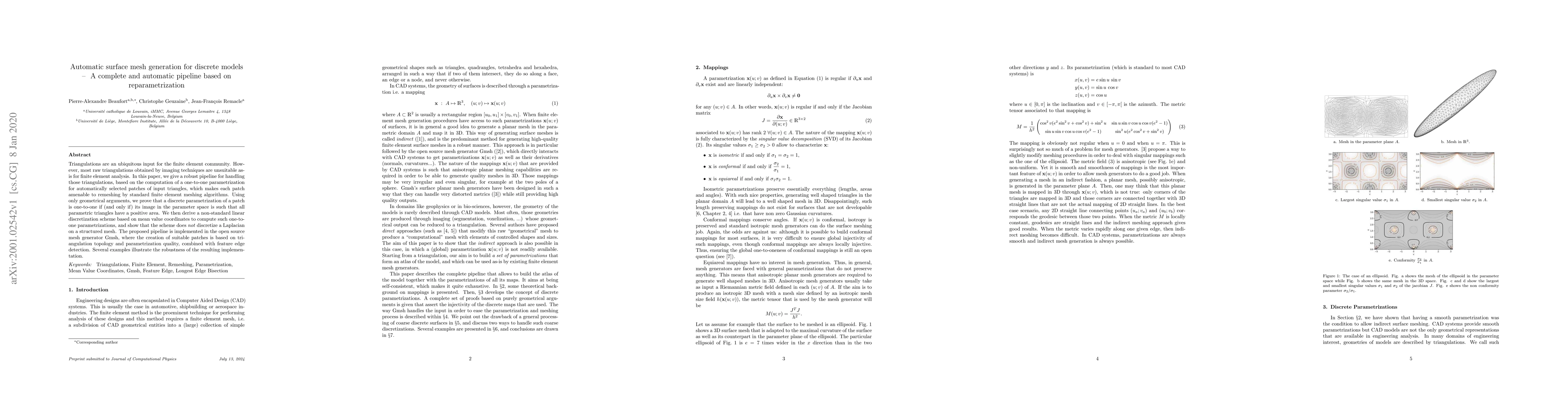 Thumbnail for Automatic surface mesh generation for discrete models: A complete and
  automatic pipeline based on reparameterization