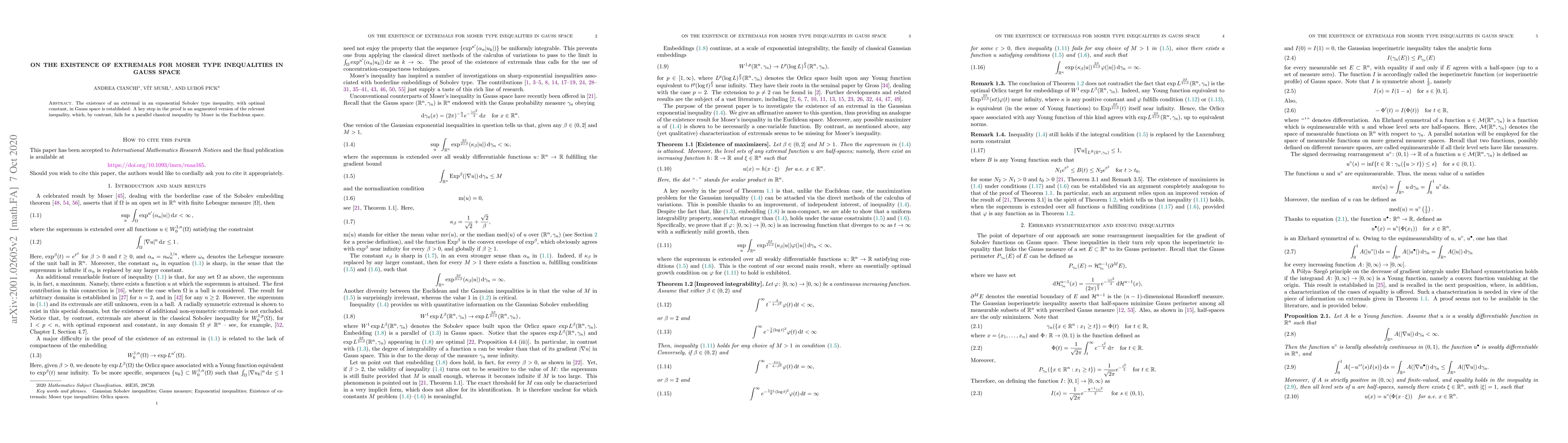 Thumbnail for On the existence of extremals for Moser type inequalities in Gauss space