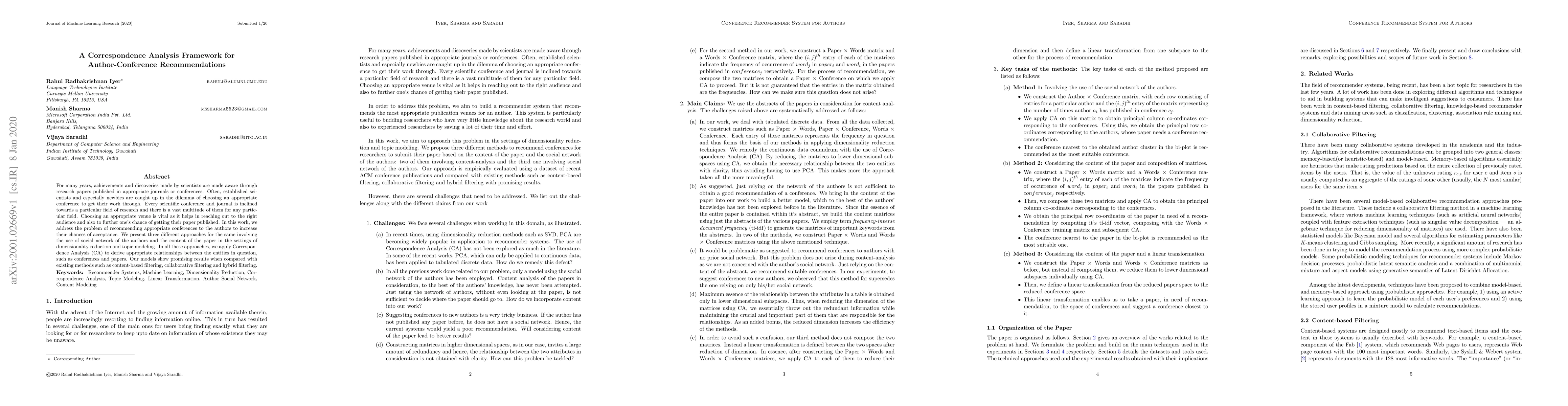 Thumbnail for A Correspondence Analysis Framework for Author-Conference
  Recommendations