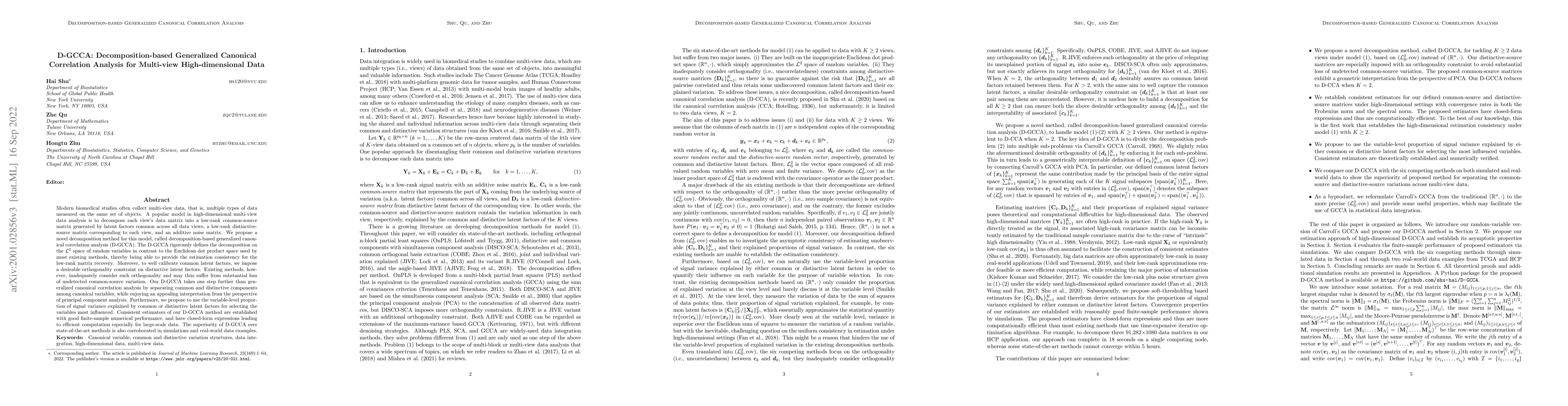 Thumbnail for D-GCCA: Decomposition-based Generalized Canonical Correlation Analysis
  for Multi-view High-dimensional Data