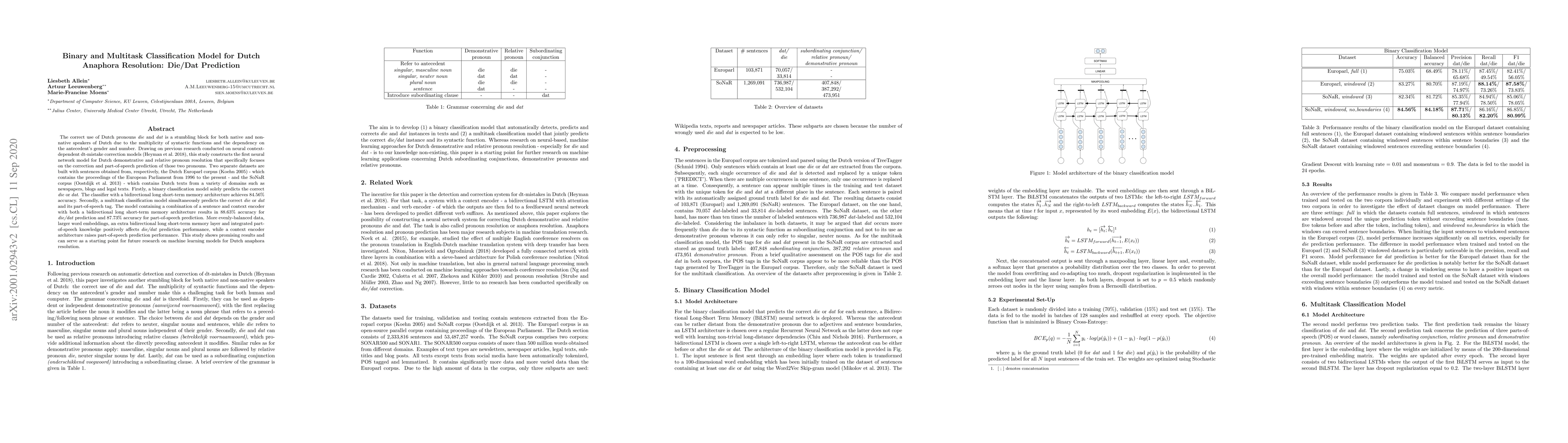 Thumbnail for Binary and Multitask Classification Model for Dutch Anaphora Resolution:
  Die/Dat Prediction