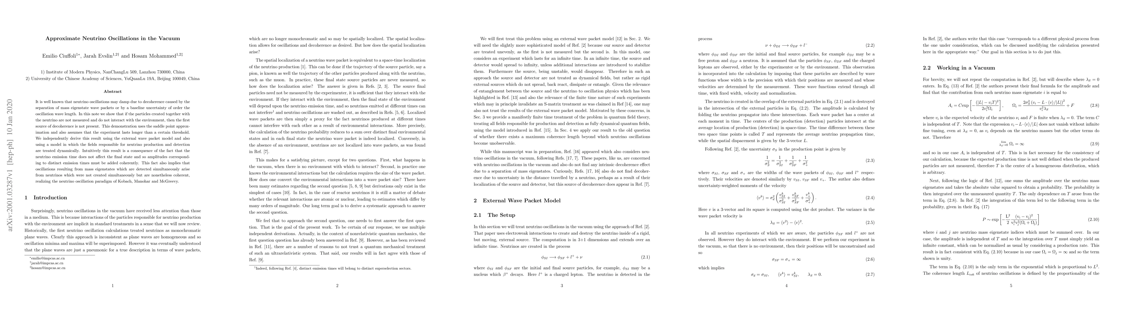 Thumbnail for Approximate Neutrino Oscillations in the Vacuum