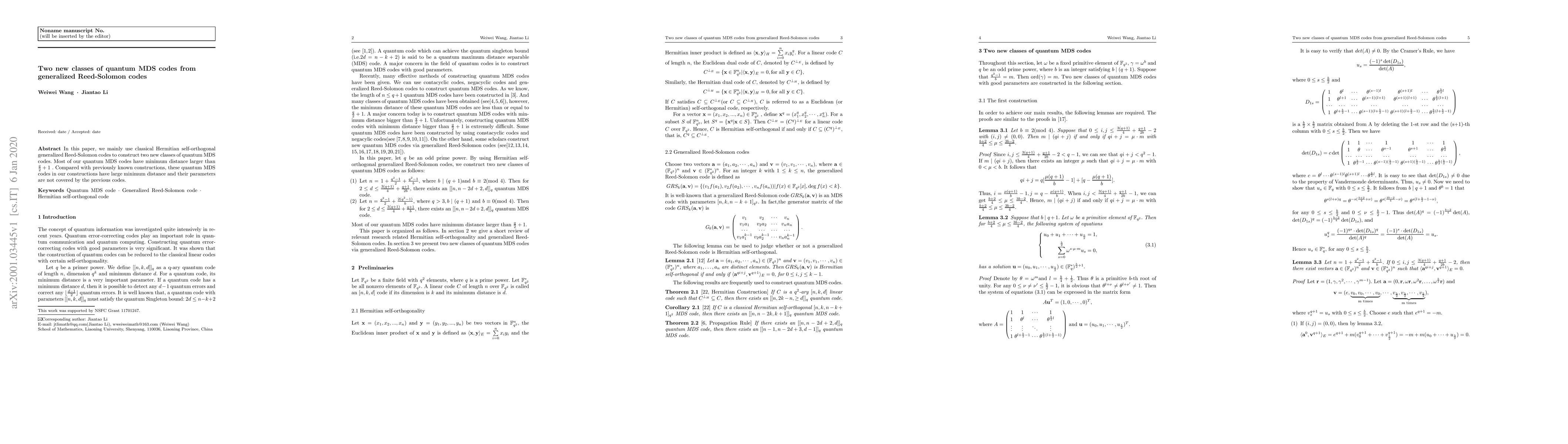 Thumbnail for Two new classes of quantum MDS codes from generalized Reed-Solomon codes