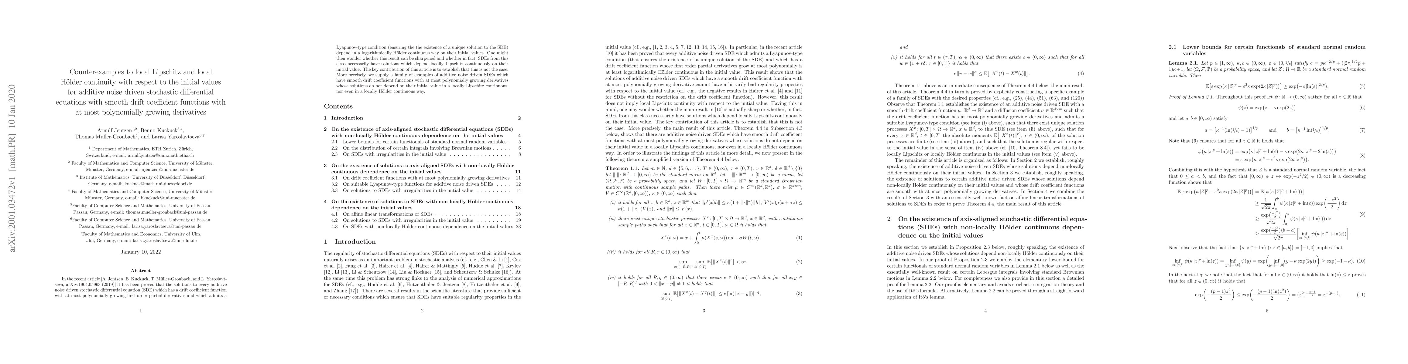 Thumbnail for Counterexamples to local Lipschitz and local H\"older continuity with
  respect to the initial values for additive noise driven SDEs with smooth
  drift coefficient functions with at most polynomially growing derivatives