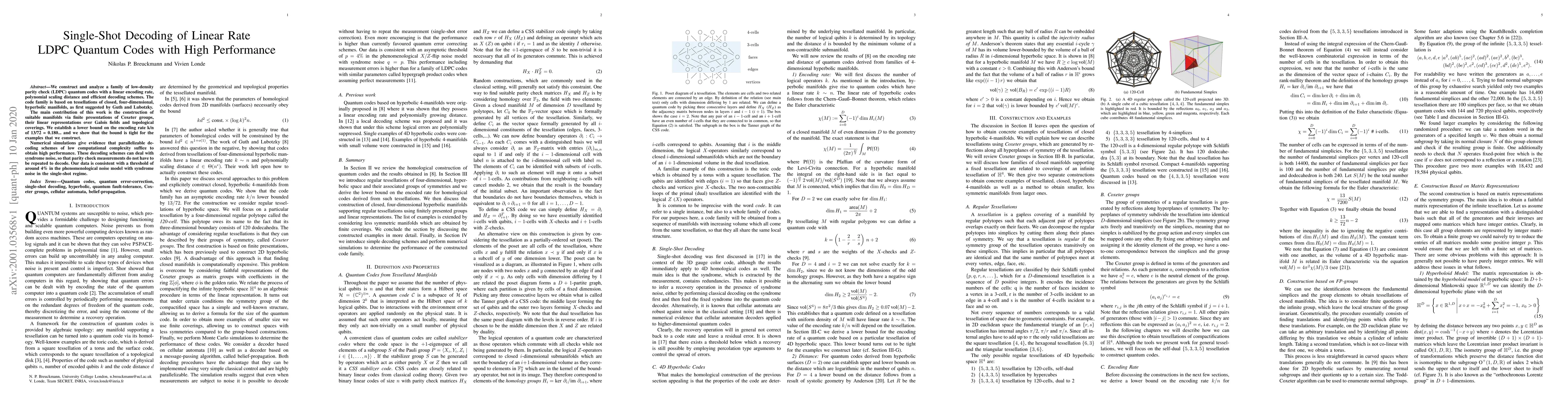 Thumbnail for Single-Shot Decoding of Linear Rate LDPC Quantum Codes with High
  Performance