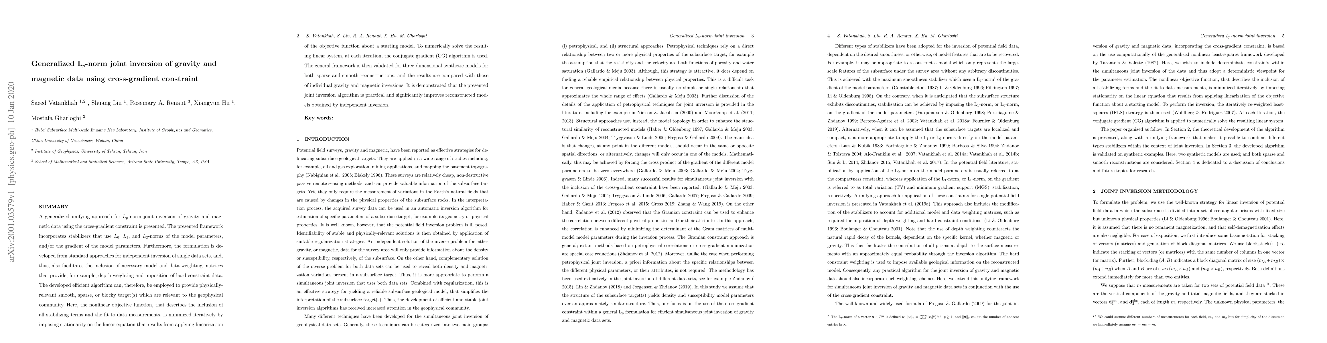 Thumbnail for Generalized L$_p$-norm joint inversion of gravity and magnetic data
  using cross-gradient constraint