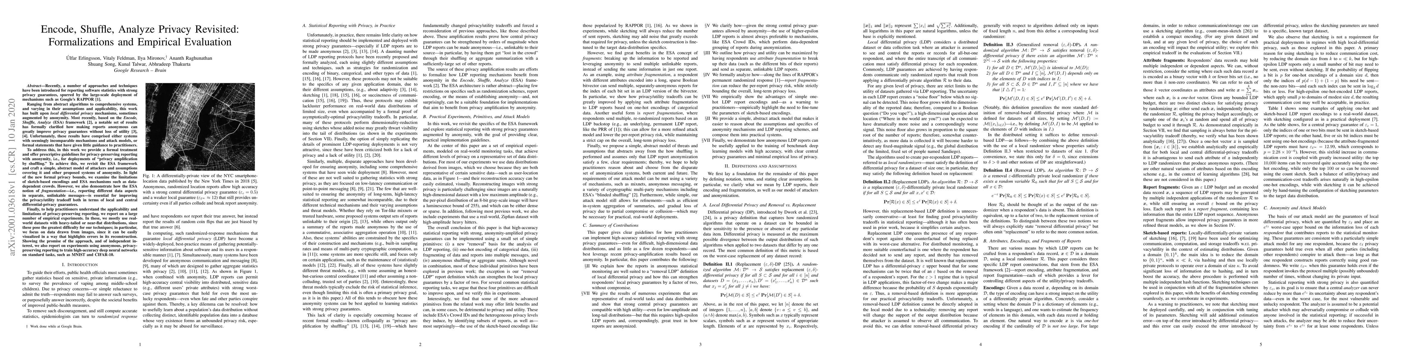 Thumbnail for Encode, Shuffle, Analyze Privacy Revisited: Formalizations and Empirical
  Evaluation