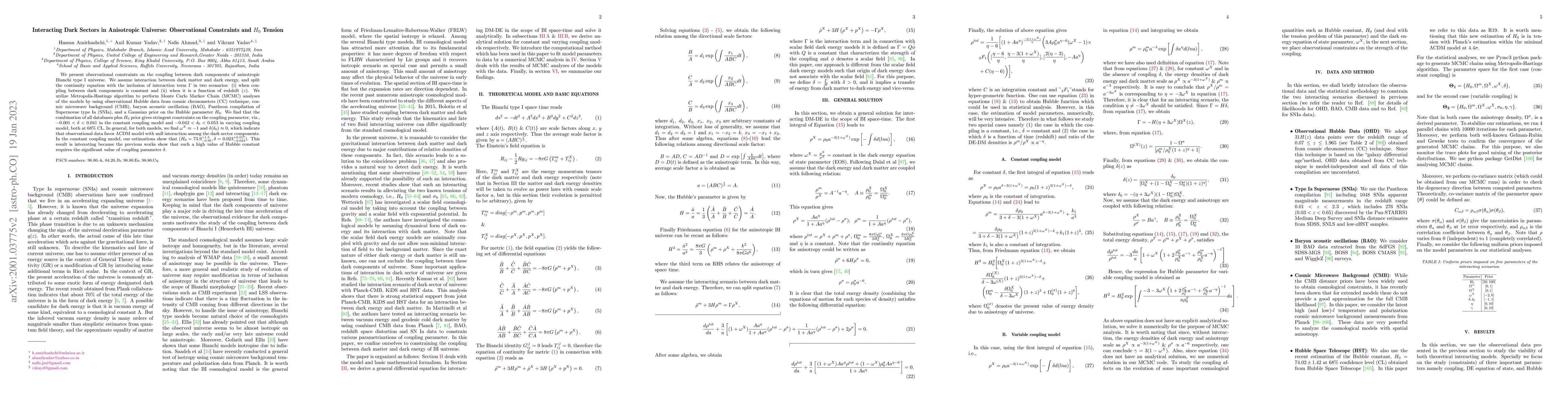 Thumbnail for Interacting Dark Sectors in Anisotropic Universe: Observational
  Constraints and $H_{0}$ Tension