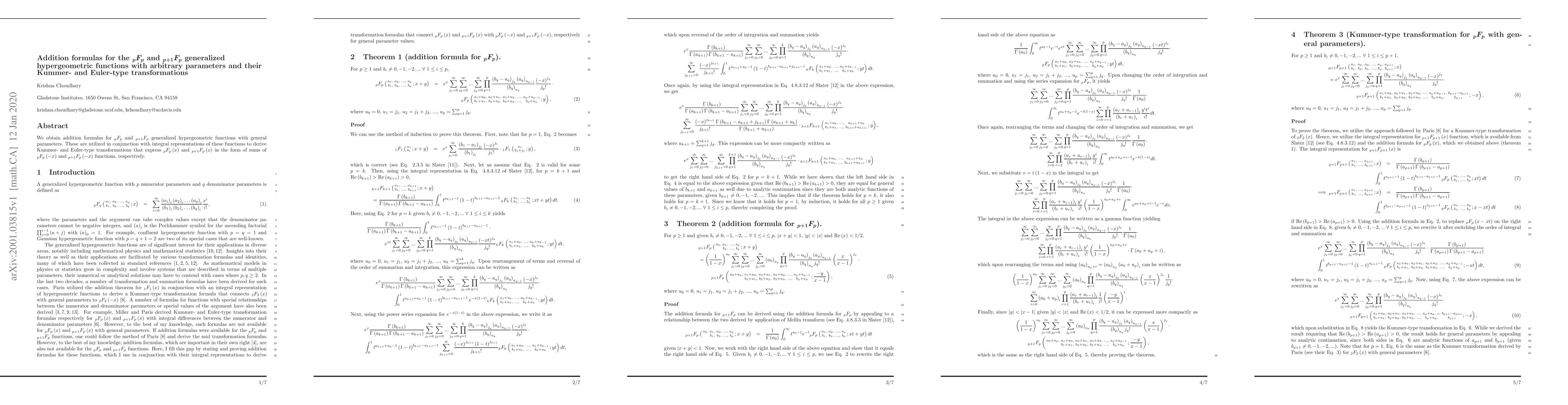 Thumbnail for Addition formulas for the $_{p}F_{p}$ and $_{p+1}F_{p}$ generalized
  hypergeometric functions with arbitrary parameters and their Kummer- and
  Euler-type transformations