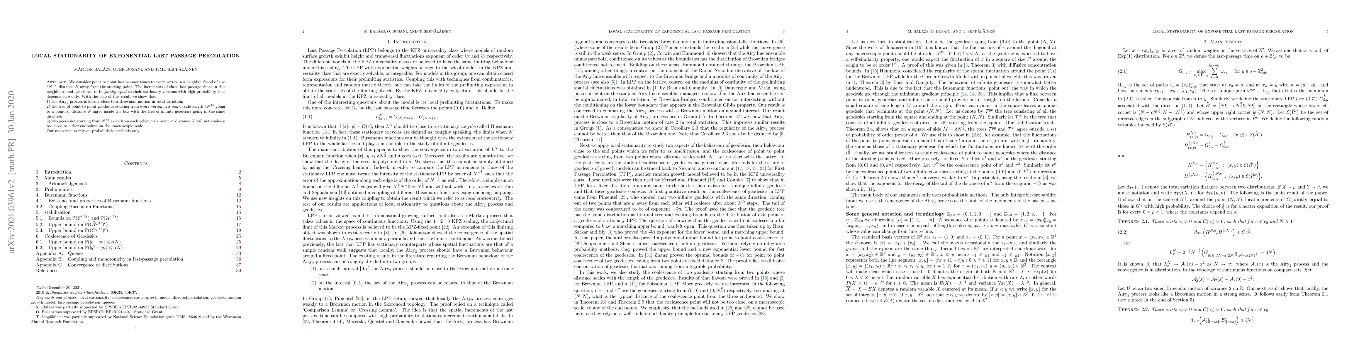 Thumbnail for Local stationarity of exponential last passage percolation