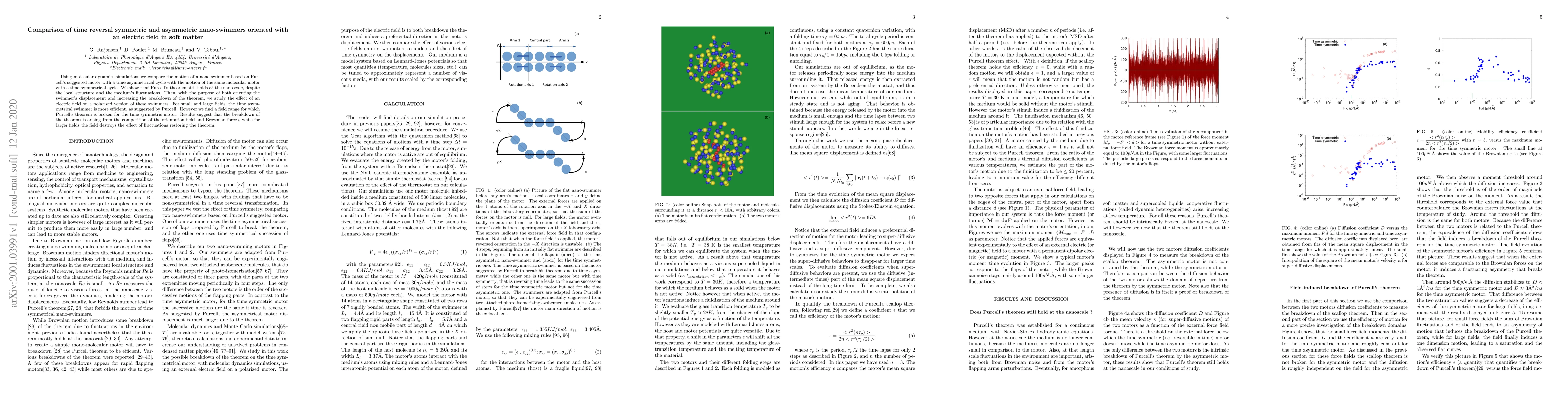 Thumbnail for Comparison of time reversal symmetric and asymmetric nano-swimmers
  oriented with an electric field in soft matter