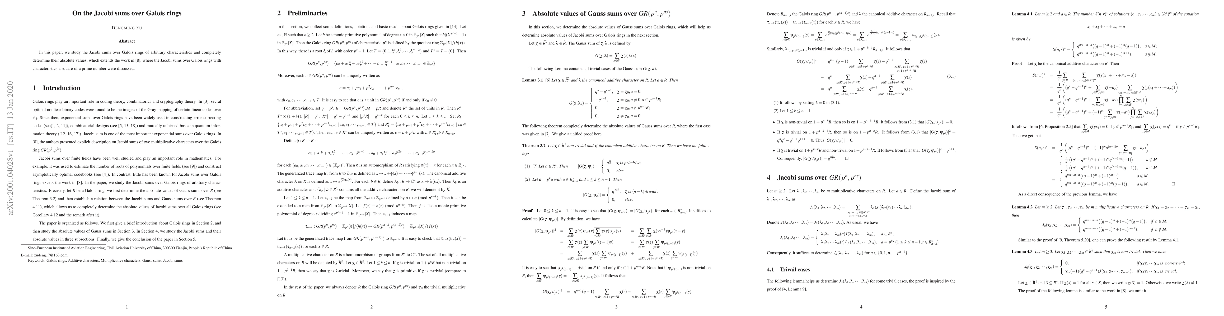 Thumbnail for On the Jacobi sums over Galois rings