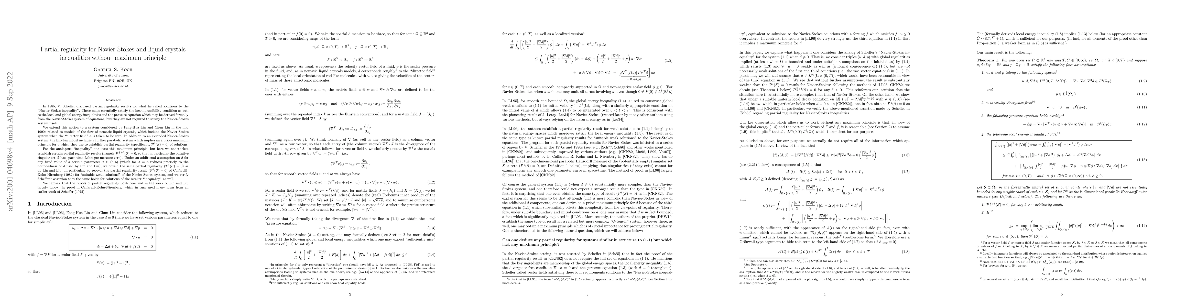 Thumbnail for Partial regularity for Navier-Stokes and liquid crystals inequalities
  without maximum principle