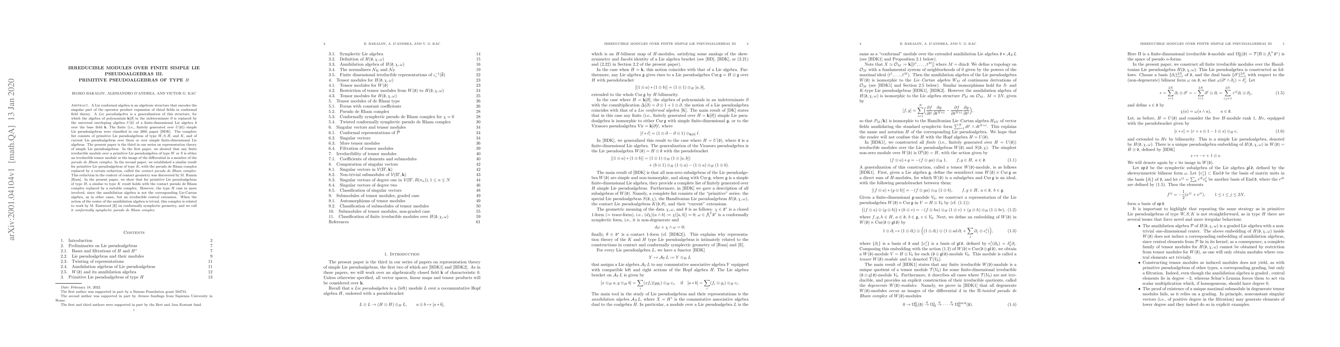 Thumbnail for Irreducible modules over finite simple Lie pseudoalgebras III. Primitive
  pseudoalgebras of type H