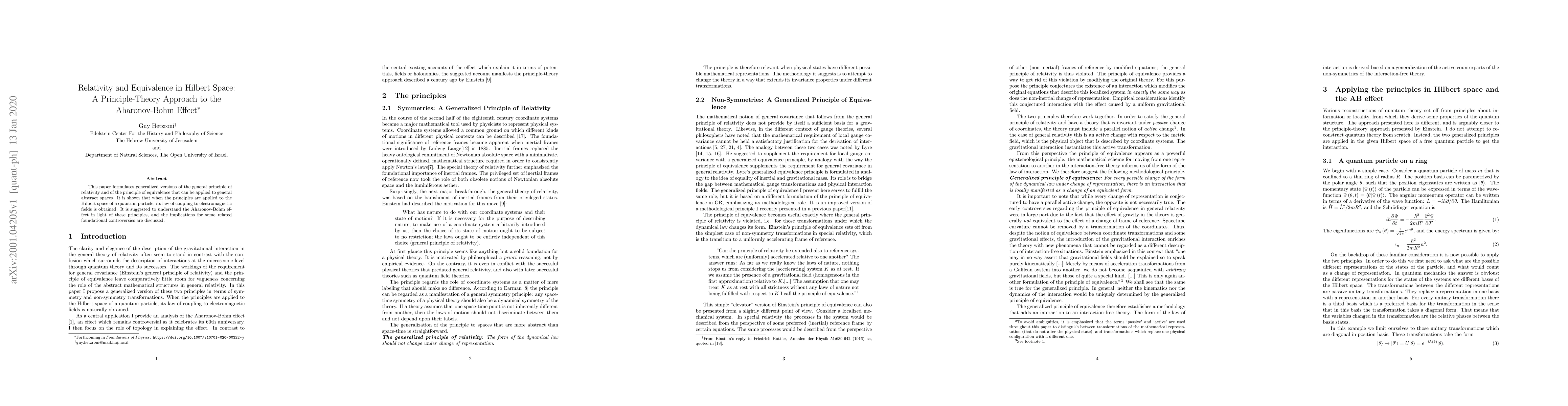 Thumbnail for Relativity and Equivalence in Hilbert Space: A Principle-Theory Approach
  to the Aharonov-Bohm Effect