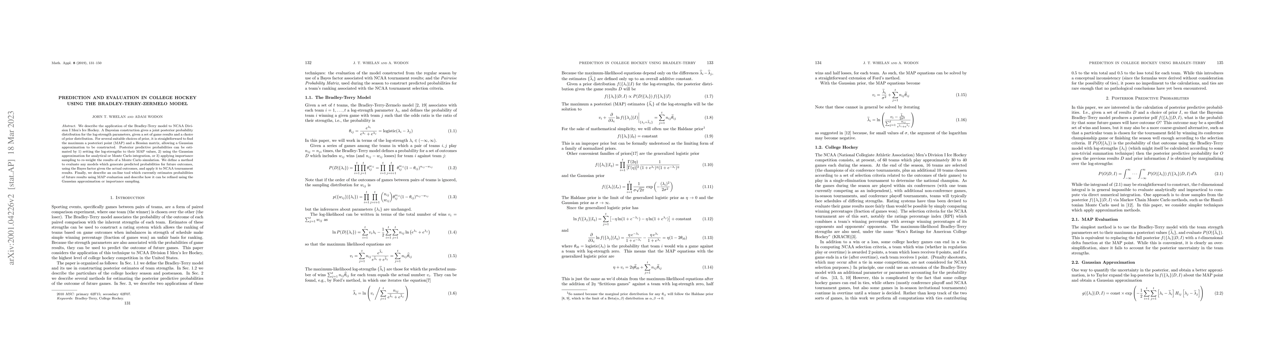 Thumbnail for Prediction and Evaluation in College Hockey using the
  Bradley-Terry-Zermelo Model