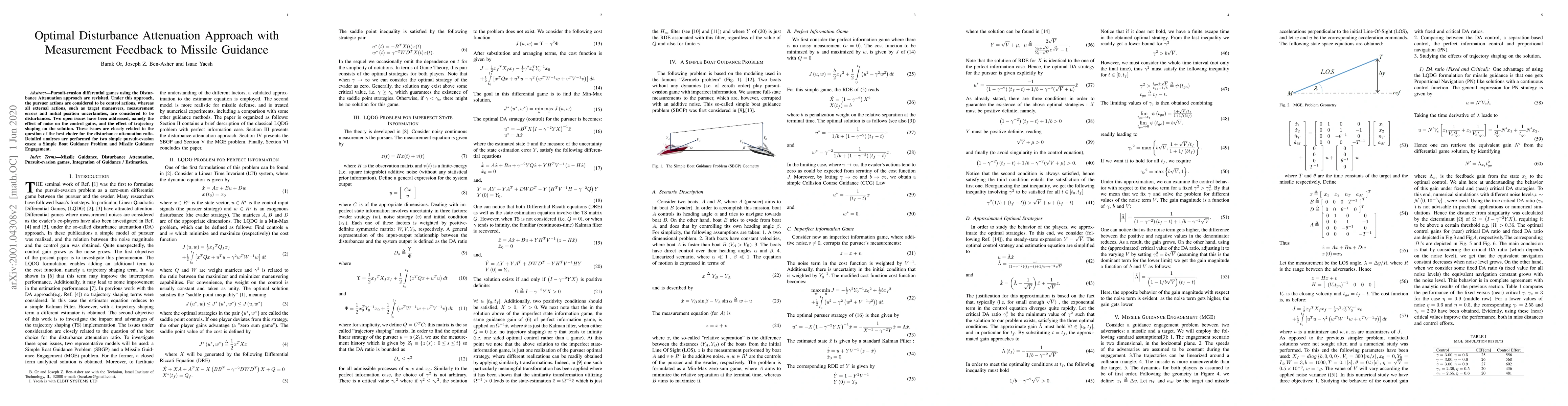 Thumbnail for Optimal Disturbance Attenuation Approach with Measurement Feedback to
  Missile Guidance