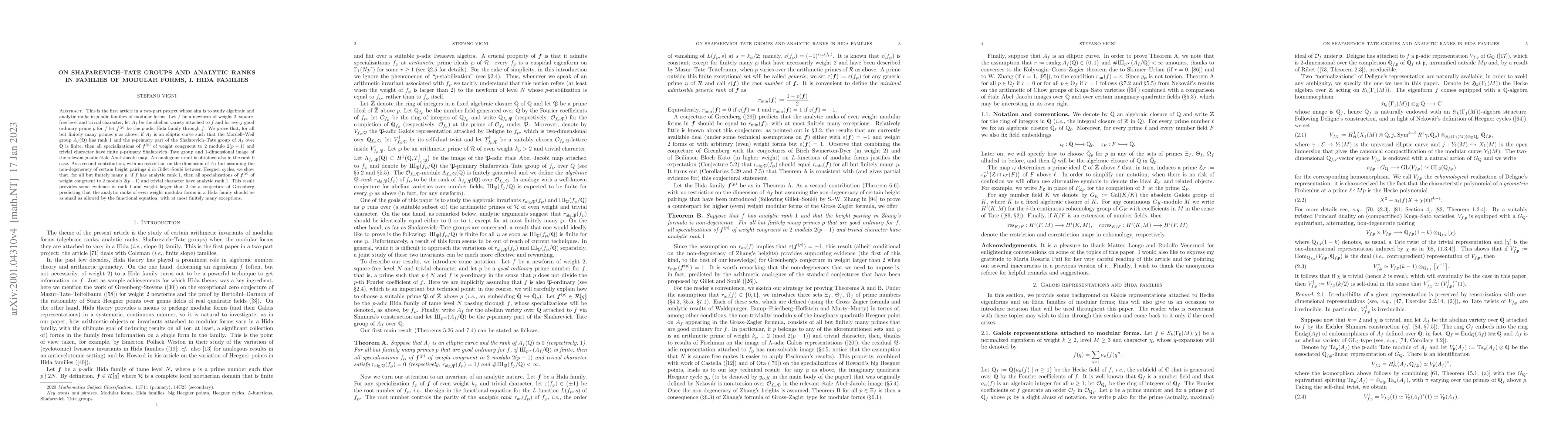 Thumbnail for On Shafarevich-Tate groups and analytic ranks in families of modular
  forms, I. Hida families