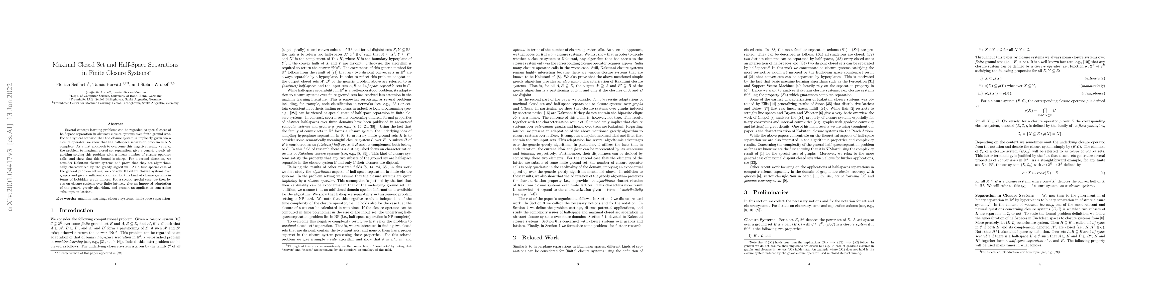 Thumbnail for Maximal Closed Set and Half-Space Separations in Finite Closure Systems