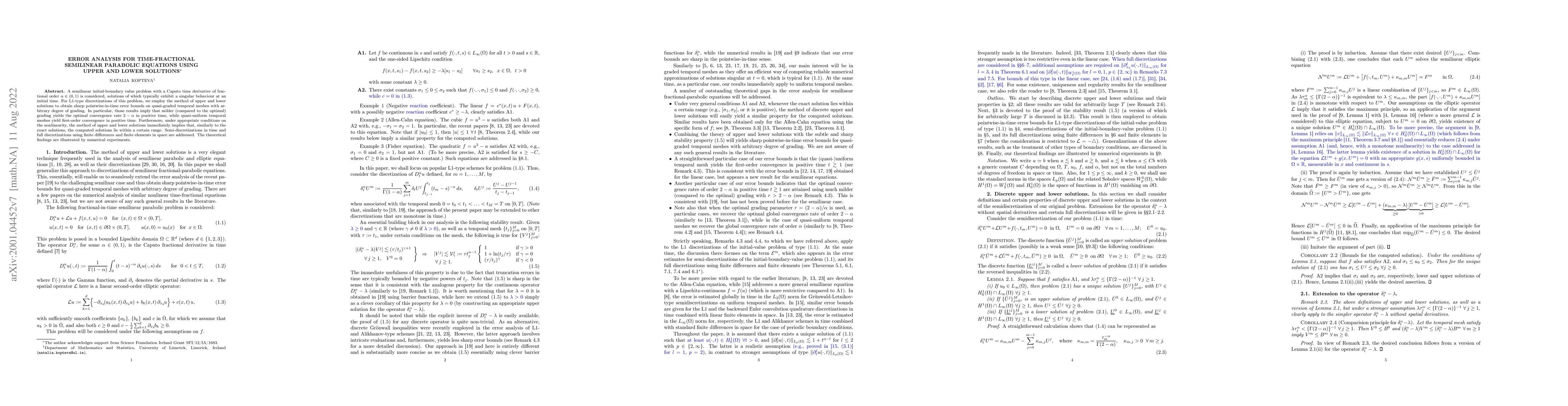 Thumbnail for Error analysis for time-fractional semilinear parabolic equations using
  upper and lower solutions