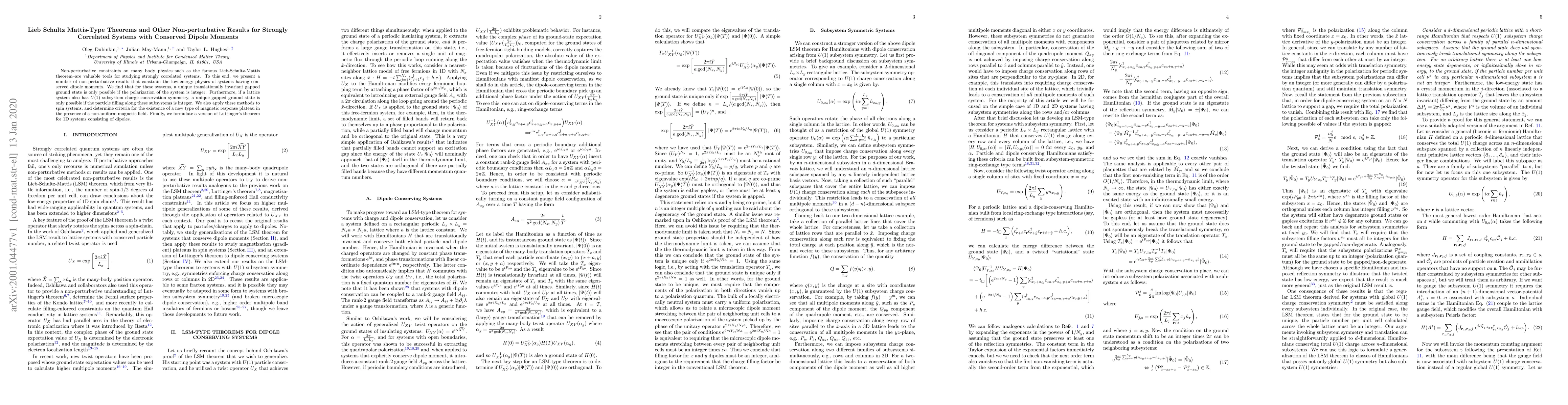 Thumbnail for Lieb Schultz Mattis-Type Theorems and Other Non-perturbative Results for
  Strongly Correlated Systems with Conserved Dipole Moments