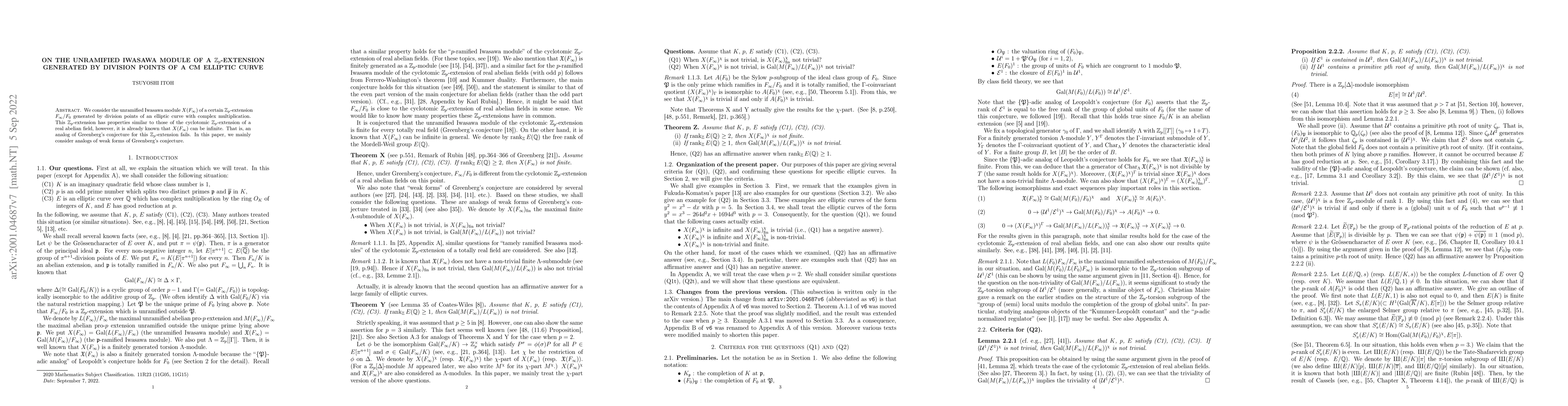 Thumbnail for On the unramified Iwasawa module of a $\mathbb{Z}_p$-extension generated
  by division points of a CM elliptic curve
