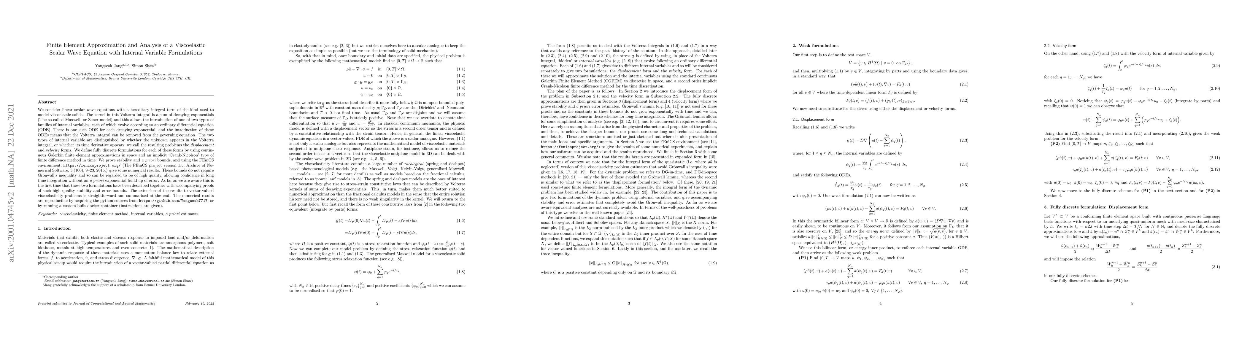 Thumbnail for Finite Element Approximation and Analysis of Viscoelastic Scalar Wave
  Propagation with Internal Variable Formulations