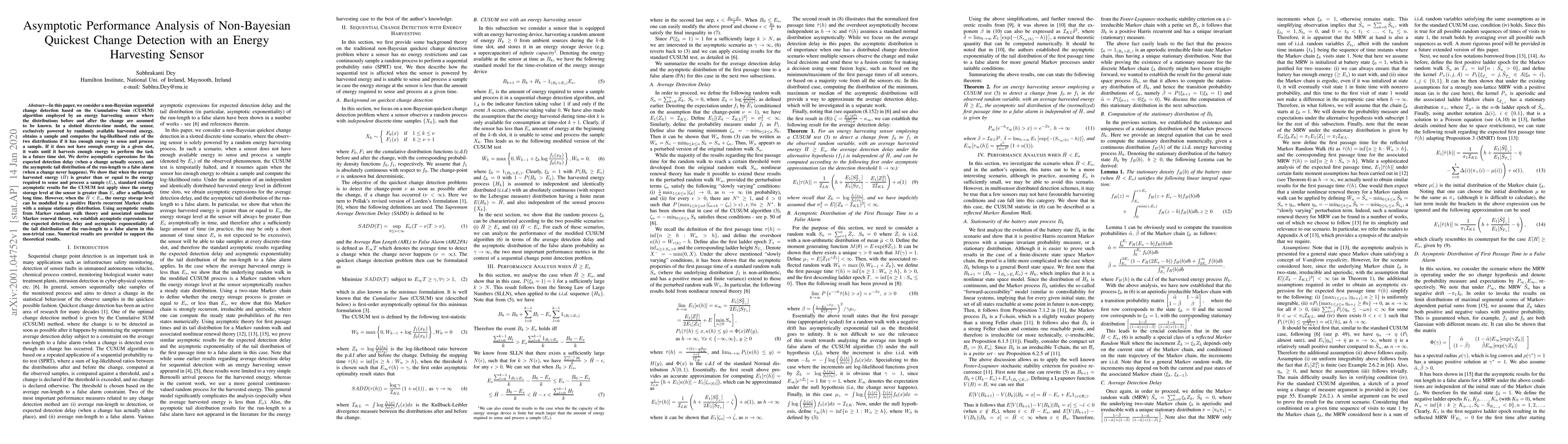 Thumbnail for Asymptotic Performance Analysis of Non-Bayesian Quickest Change
  Detection with an Energy Harvesting Sensor