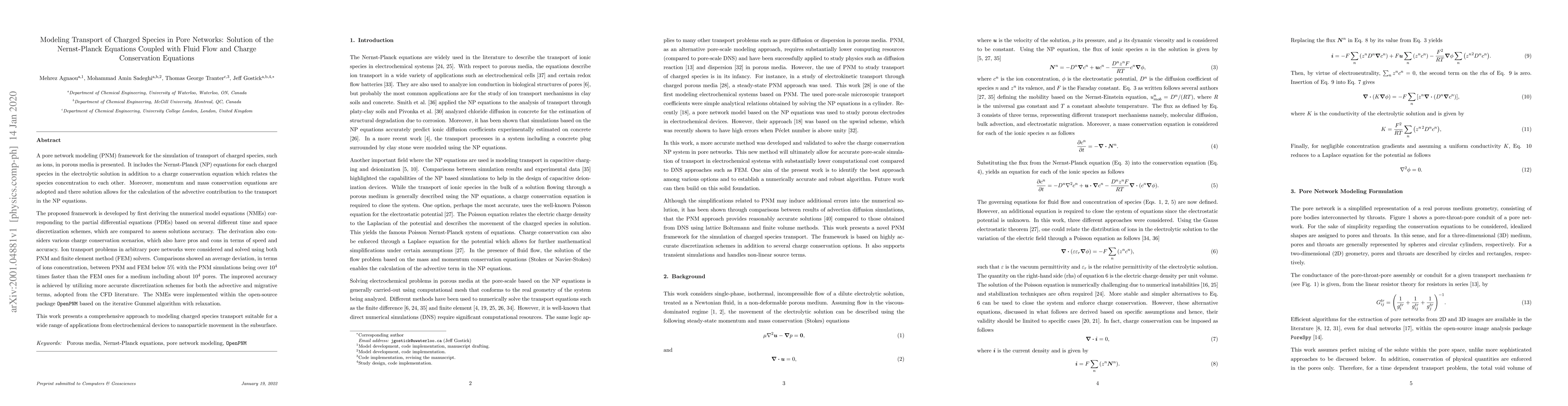 Thumbnail for Modeling transport of charged species in pore networks: solution of the
  Nernst-Planck equations coupled with fluid flow and charge conservation
  equations