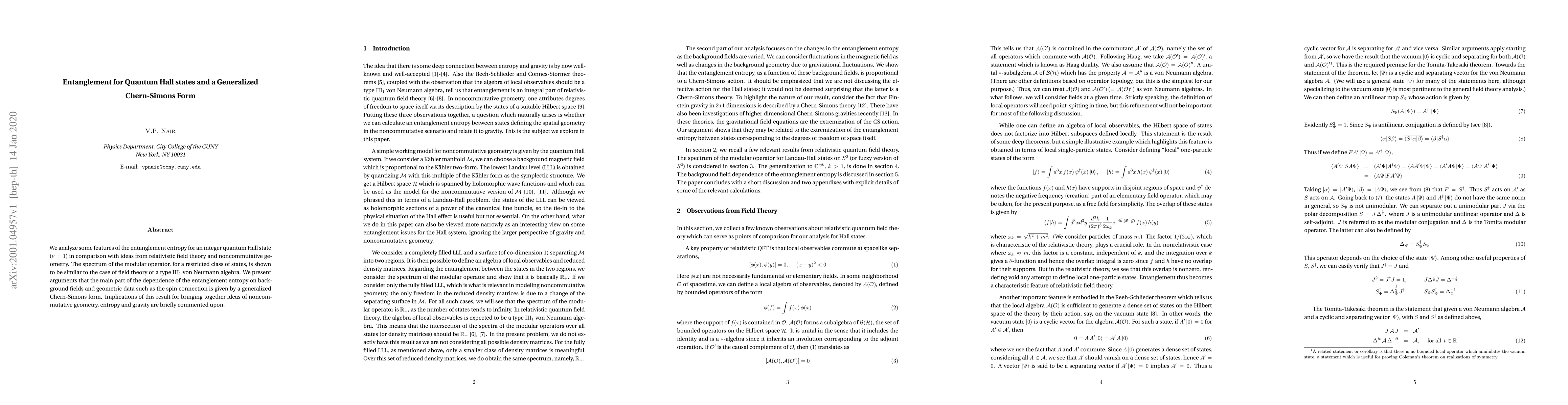 Thumbnail for Entanglement for Quantum Hall states and a Generalized Chern-Simons Form